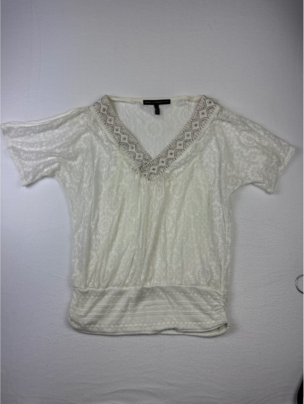 White House Black Market Women's Beaded Embellished Cream Lace Top Size S